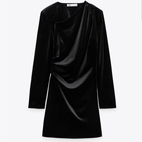 Like New Black Zara Velvet Mini Dress Long Sleeve Asymmetric Neckline xsmall - Picture 3 of 8